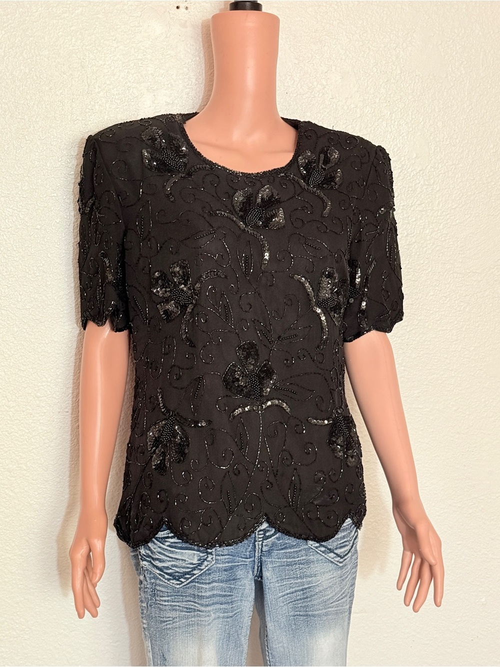Vintage Sténay Black Silk Beaded Sequined Short Sleeve Top XL